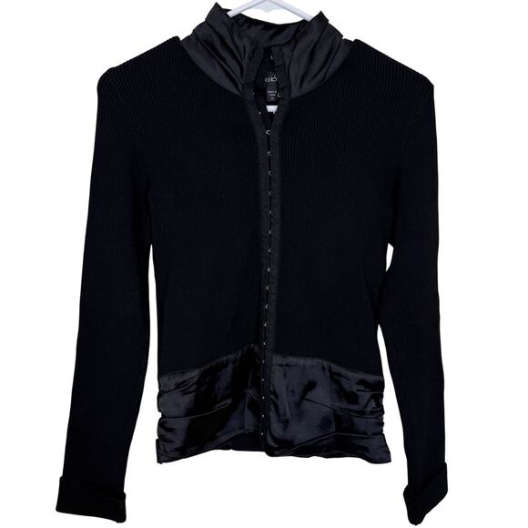 Bebe Corset Closure Y2K Black Satin Trim Fitted Top Ruffle Collar Silk Blend Med - Picture 1 of 11
